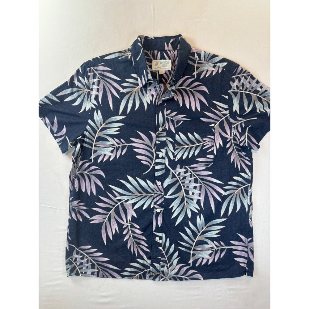 American Eagle Mens Large Navy Blue Purple Tropical Palm Leaf Button Up Shirt